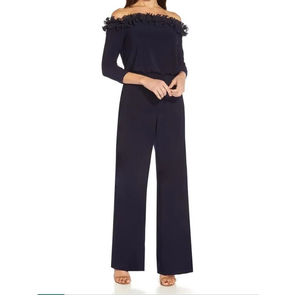 NWT ADRIANNA PAPELL Navy Off The Shoulder Ruffle Trim Blouson Jumpsuit Size 6